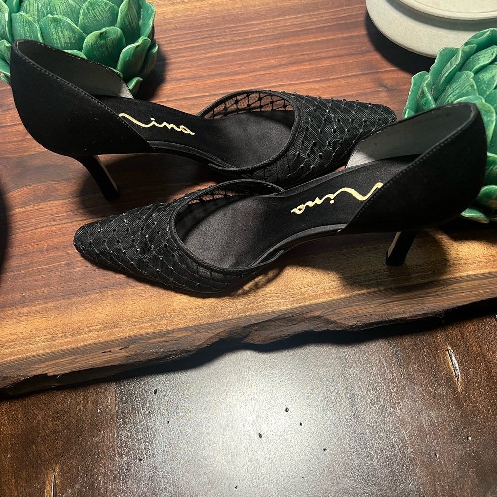 Nina Black Mesh Heels with Rhinestone Detail - Picture 11 of 12
